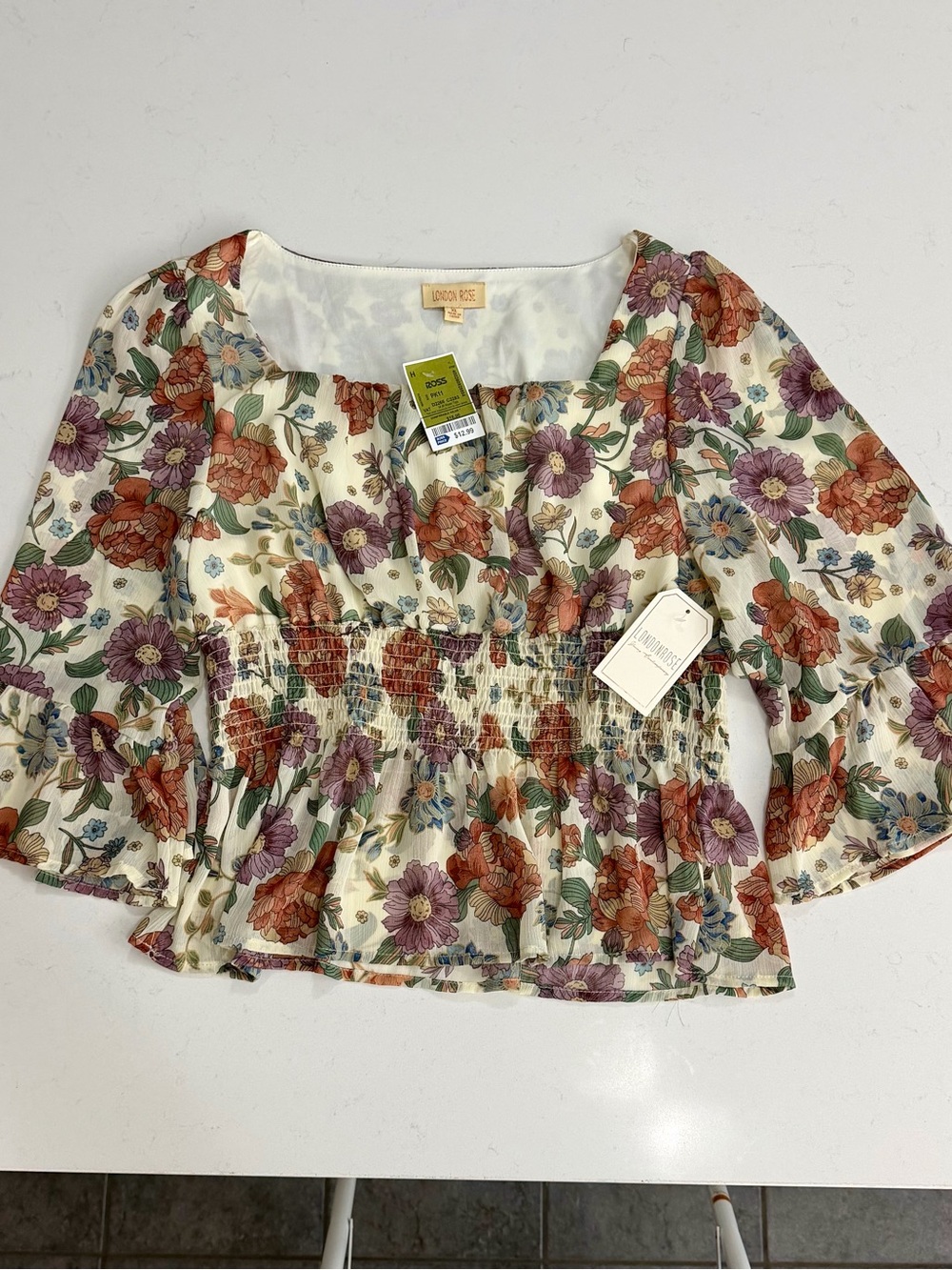 Floral Peasant Top in Cream with Orange & Purple Blooms